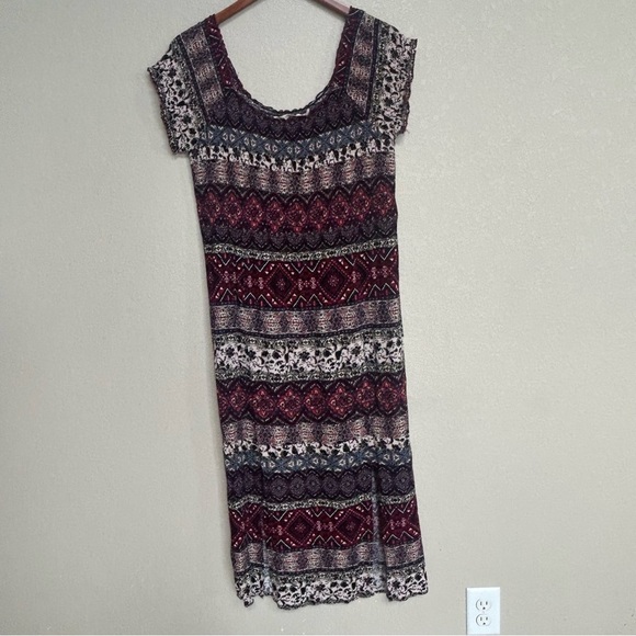 Soft Surroundings Boho Knit Midi Dress Burgundy Navy  Floral Print Women’s PM - Picture 1 of 7